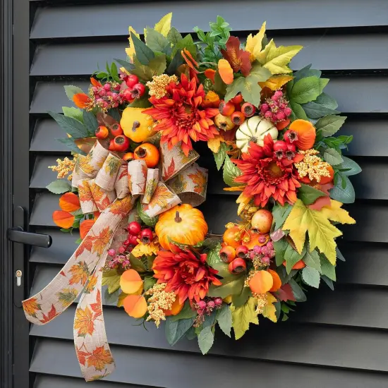 24 Inch Fall Autumn Wreath with Artificial Pomegranates {2}