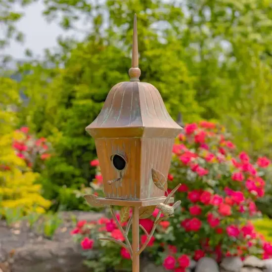 Copper Finish Iron Garden Birdhouse with Stake, Perch and Weather-Resistant Roof {2}