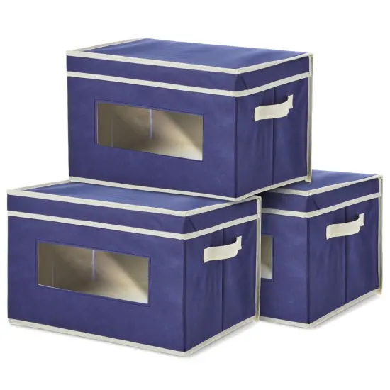 3 Pack Stackable Storage Bins With Lids, Handles, Foldable for Closet Organization (12 Inch, Navy Blue) {1}