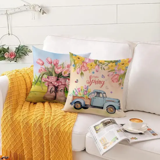 Hello Spring Pillow Covers 18x18 Set of 4 Soft Velvet Spring Summer Floral Throw Pillows Decoratives Cushion Covers Truck Biycle Flower Pillow Cases for Home Sofa Couch Outdoor Decorations 18 {5}