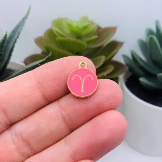 Bright Pink Enamel and Gold Zodiac/Astrology Charms, 15x12mm {3}
