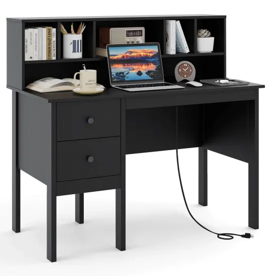 Costway 48" Computer Desk with Power Outlets Type-C 5-Cubby Hutch & 2 Storage Drawers Black/White {1}