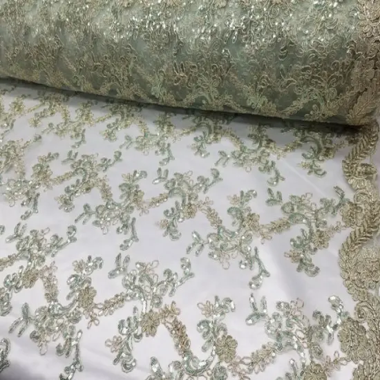 1 Yard Mint Metallic Flowers Sequins Mesh Lace Fabric for Tablecloths and Costumes {1}
