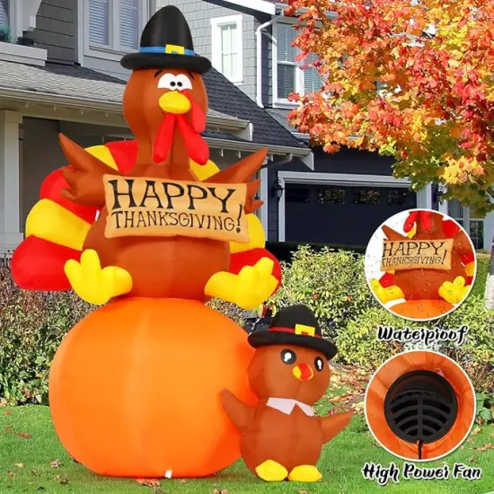 GOOSH 6 FT Thanksgiving Inflatables Turkey Blow Up Yard Turkey on Pumpkin with Turkey Baby with Built-in LEDs {5}