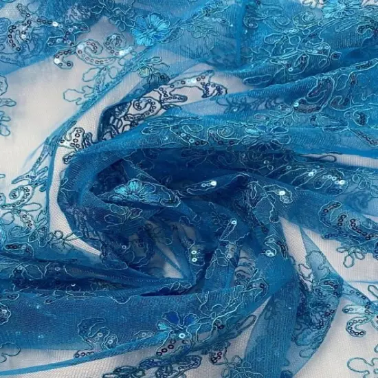 1 Yard Turquoise Sequin Embroidered Lace Fabric Corded Mesh Double Scallop Edge 54" Wide {4}