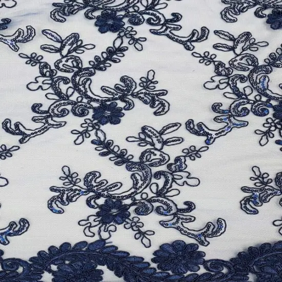 1 Yard Navy Blue Corded Sequin Lace Mesh Fabric with Double Scalloped Edge 54&rdquo; Wide {3}
