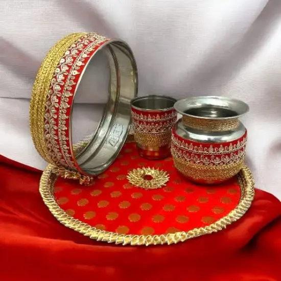 Karvachauth Thali, Karva Chauth Thali, Daughter in Law Gift, Gift for Daughter, Gift for Wife, Karwa Chauth Gift, Karwachoth, Puja Thali Set, Sargi Gift Pink {5}