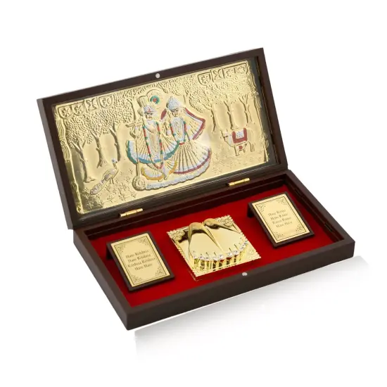 Large Gold Plated Radha Krishna Photo Frame with Charan Paduka for Diwali Housewarming Return Gift Worship Pooja Room Decor Hindu God Religious Devotional Paduka Prayer Box {5}