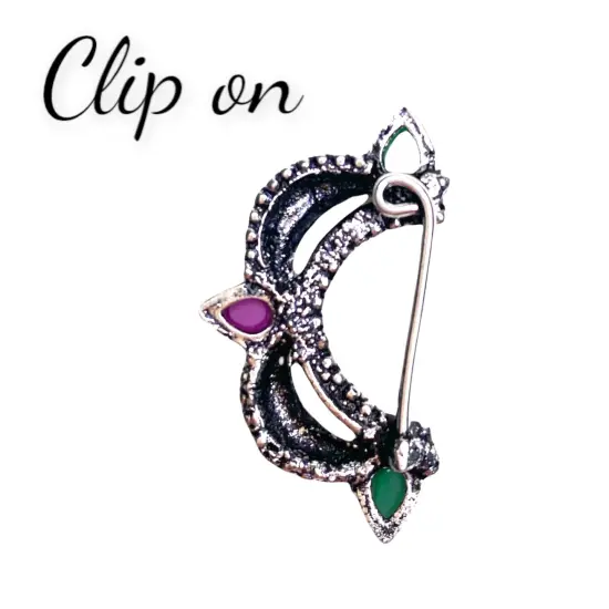 Indian Marathi Nath for Women Marathi Style Bow Oxidized Nose Ring Indian Jewelry Clip-On Bollywood Style Faux Pearl Non-Piercing Jewelry for Women Gift For Her - Marathi Bridal Nathani Rubygreen {4}