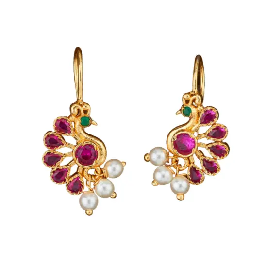 Indian Peacock Earrings for Women - Indian Jhumka Earrings for Women Small Tops Earring in Golden Tone Faux Pearl Bollywood Style Dangle Earring Chandelier Jhumki Jewelry for Bride Ruby {1}