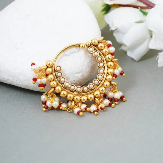 Indian Marathi Nath for Women - Indian Golden Pressing Moon Marathi Nose Ring Indian Jewelry Clip-On Marathi Bridal Nathani Bollywood Faux Pearl Non-Piercing Jewelry for Women Gift For Her Ruby-N {4}