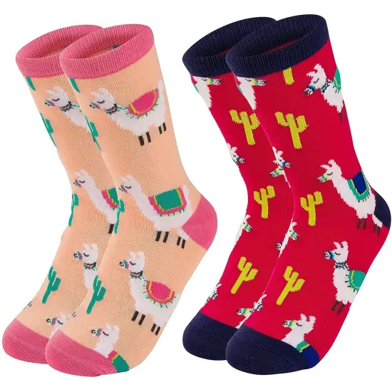 2-Pair Girls Crew Socks - Llama Alpaca Animal Print, Cute Kids Casual Socks {1}
