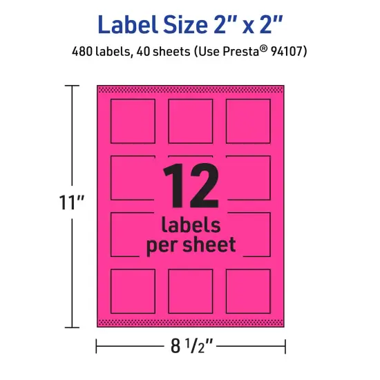 Avery Neon Magenta Paper Labels, 2" x 2" Square {5}