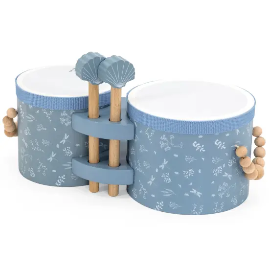 Label Label: Wooden Bongos - Blue - Musical Instrument Toy, 2 Shell-Shaped Drum Sticks, Carry Handles, Develops Creativity, Toddler & Kids Ages 2+ {1}
