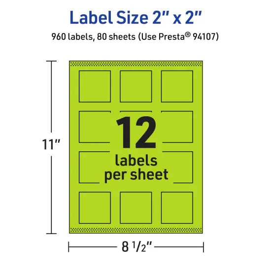 Avery Bright Green Paper Labels, 2" x 2" Square {5}