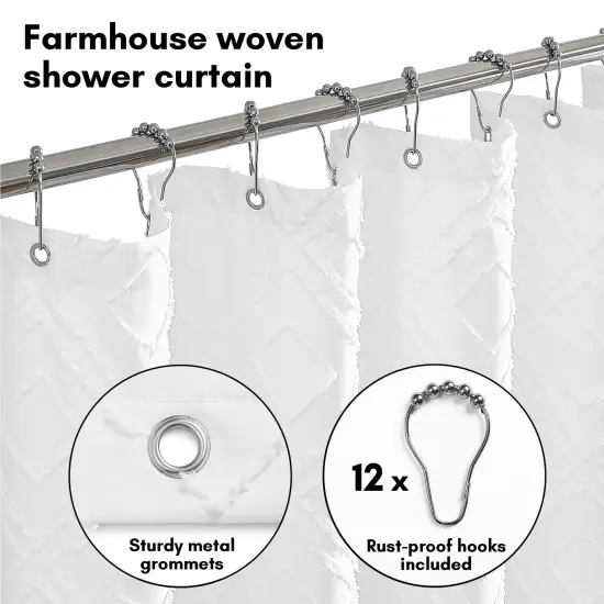 Americanflat 71x71 White Woven Shower Curtain with Tassel And Accents - Includes 12 Grommets and Hooks - 100% Polyester {3}