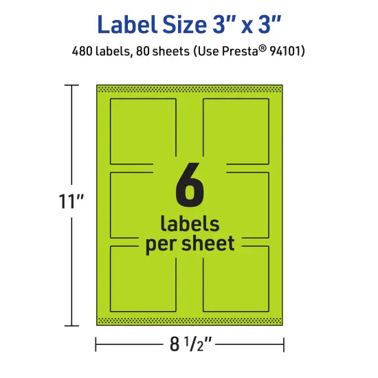 Avery Bright Green Paper Labels, 3" x 3" Square {5}