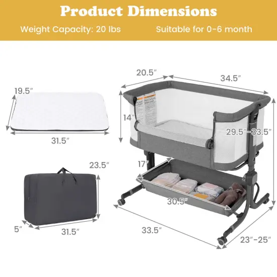 Costway Baby Bassinet Bedside Sleeper with 6-Level Adjustable Height Beige/Pink/Gray {3}