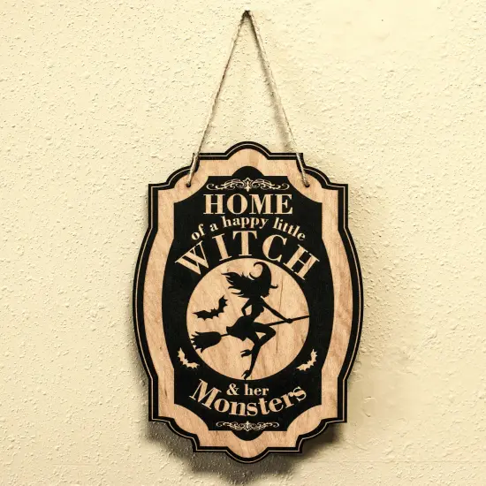 Home of a Happy Little Witch - Black Halloween Door Sign 7x9 {4}
