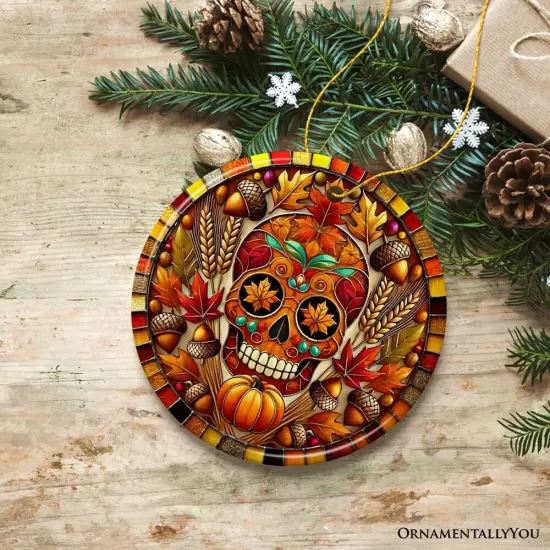 Autumn Harvest Sugar Skull Ornament, Vibrant Fall Foliage Christmas Gift and Decor {5}