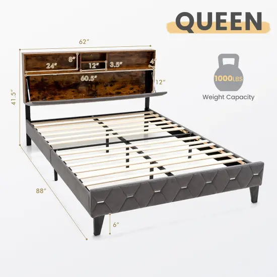 Costway Bed Frame Upholstered Platform Mattress Foundation with Storage Headboard {4}