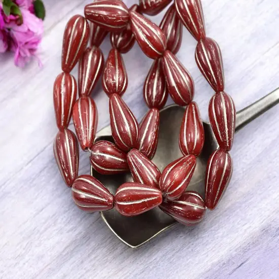 *10* 13x8mm Platinum Washed Red Opaline Melon Drop Beads {4}