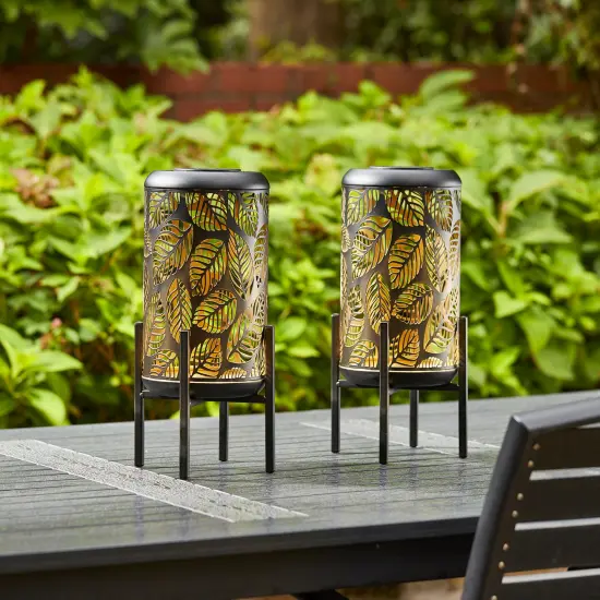 Set of 2 14.25"H Metal Cutout Leaves Pattern Solar Powered LED Outdoor Lantern with Stand 2pcs White {8}