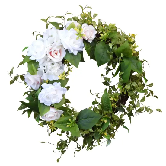 Haute Decor Pink and White Rose and Hydrangea Floral and Greenery Wreath with Natural Grapevine Base for Spring, Summer Door Decor - 24 inch Diameter {1}