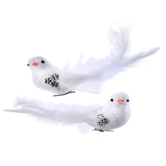 6" Velvet and Feather Bird Clip Ornaments – Set of 2 Assorted Elegant Christmas Decorations {1}