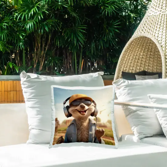 Fox Jamming with Headphones Design by Jim Baldwin Outdoor Printed Pillow  {2}