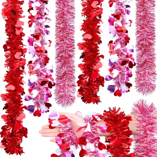 6 Pcs Valentine's Day Tinsel Garland Total 39Ft Red Heart Metallic Garland Decor Red and White Tinsel Garland Twist Garland Valentines Heart Tinsel Garland for Mantle Wedding Party Decoration Supply {1}