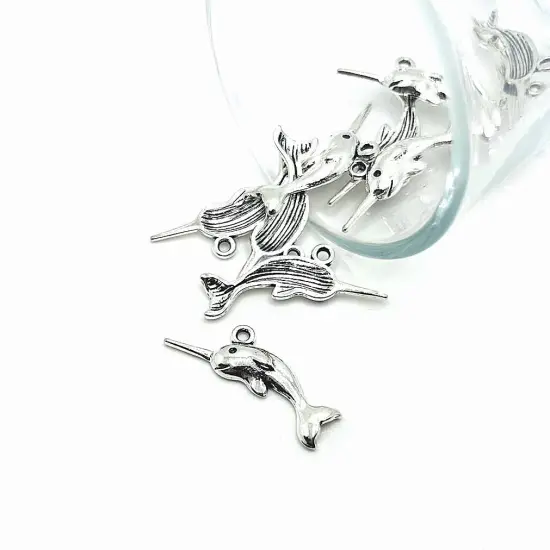Silver Narwhal Charms, 28x13mm {1}