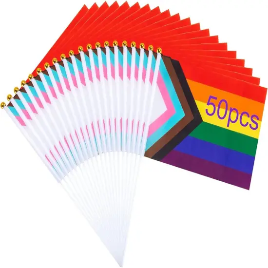 Progress Rainbow Pride Flags, 50 Pack Small Mini Hand Held Stick Flags, Ideal for LGBT Parades, Pride Month, Office & Home Decor, Multicolor, 11.8 inches x 8.2 inches {1}