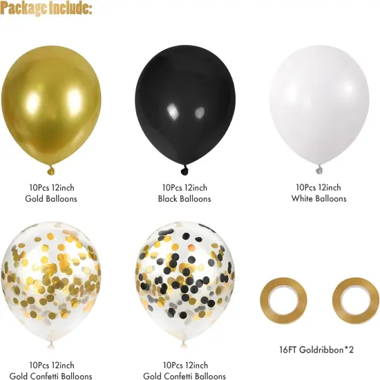 0pcs 12 Inches Black Gold Confetti Balloons Kit, Metallic Gold and Black White Party Balloons with Ribbons for Birthday, Baby Shower, Graduation, New Year Decorations {2}