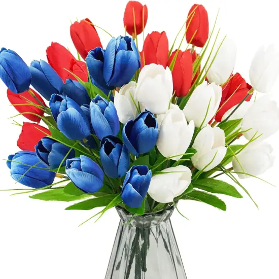 13" Fake Red White and Blue Memorial Tulips Bouquet for 4th of July Decorations Memorial Flowers {1}