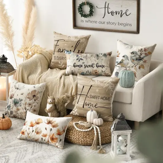 colorlife Chinoiserie Poppy Flowers Chickadee Spring Home Sweet Home Throw Pillow Covers, 18 x 18 Inch Fall Autumn Family is Everything Decorations for Sofa Couch Set of 4 {2}