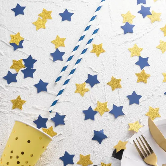 Gold and Blue Star Confetti Table Decoration for Birthday Graduation Retirement Bachelor Theme Party,1.2 inch in Diameter,200 Counts {3}