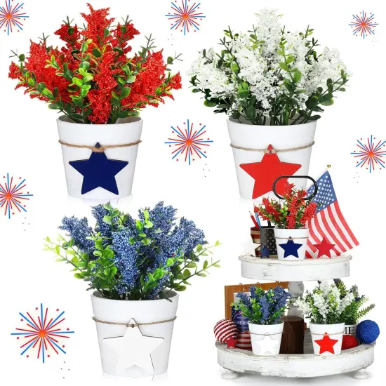 Set 4th of July Small Fake Plants Memorial Day Mini Artificial Potted Plants {1}