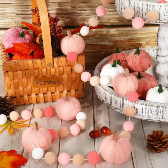 8.2Ft Fall Felt Pom Pom Banner Pink 3D Pumpkin Shape Felt Hanging Garland {3}