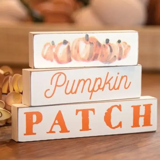 3-Piece Wooden Block Set with Pumpkin and Harvest Design for Fall Decor {8}