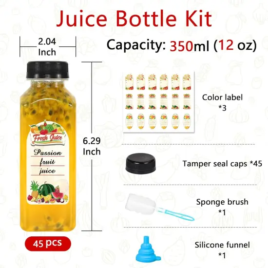 Plastic Juice Bottles with Caps 12 OZ, 45 Pcs {2}