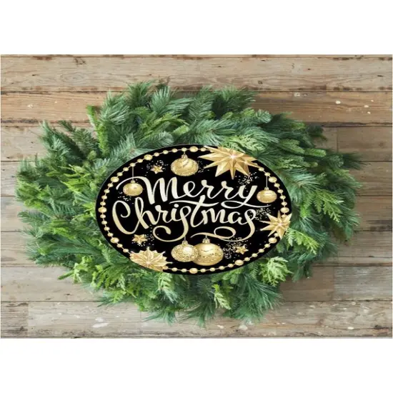 Merry Christmas Black Gold Round Sign {3}