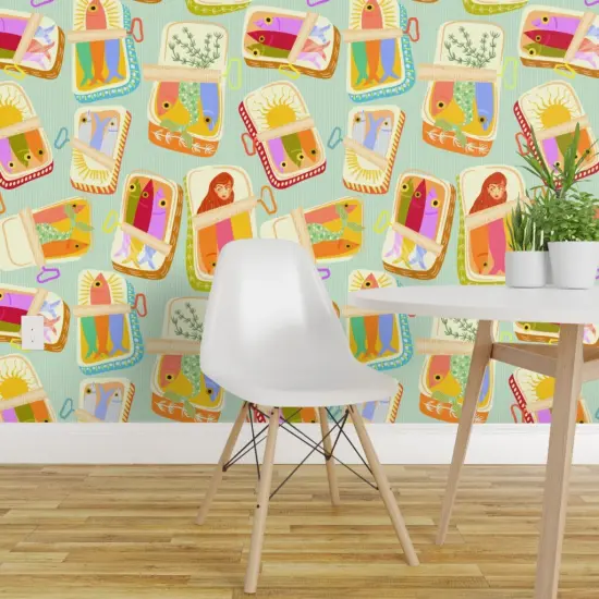 Peel & Stick Wallpaper 2FT Wide Whimsical Mermaid Tail Fish Tinned Novelty Colorful Quirky Mermaids Under The Sea Ocean Sardines Pink Green Red Orange Sun Yellow Sunshine Custom Removable Wallpaper by Spoonflower {1}
