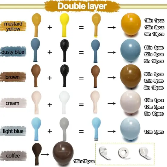 Blue Yellow Balloon Arch - Double Stuffed Dusty Blue Brown Balloon Mustard Yellow Coffee Tan Cream Latex Balloons Garland Kit {3}