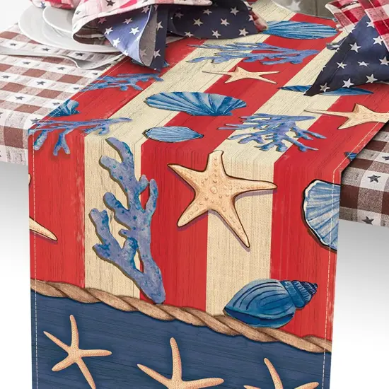 4th of July Beach Dining Table Runner, Patriotic America Coastal Starfish Conch Coral Stripes Burlap Kitchen Decoration, American USA Indoor Outdoor Home Decor {4}