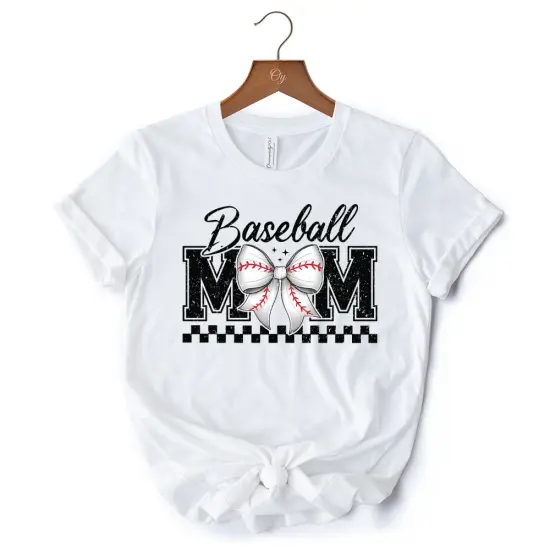 Baseball Mom Coquette Bow Retro T-Shirt, Stylish Game Day White Tee for Trendy and Proud Sports Mothers {7}