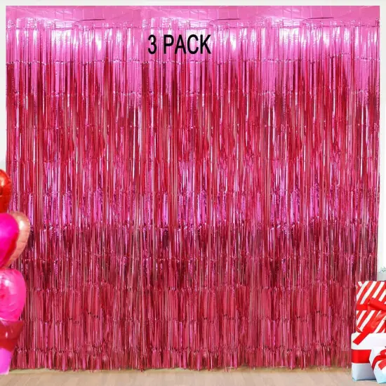 Hot Pink Backdrop Curtains - 3 Pack of 3.2x8.2ft Hot Pink Foil Fringe Curtains Streamers Backdrop for Birthday Party Valentines Backdrop Decorations {2}