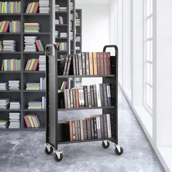 Library Book Storage Cart Book Shelf Book Organizer Trolley with 3 Flat Shelves {2}