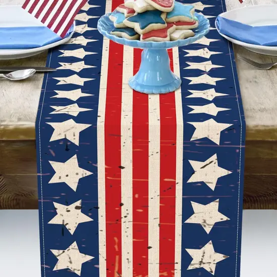 4th of July Dining Table Runner, Patriotic America Stars Stripes Burlap Kitchen Decoration, American USA Indoor Outdoor Home Decor Party Supply {5}