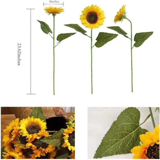 Artificial Sunflower Flowers Long Stem Silk Fake Large Sunflowers Decoration for Outdoor Home Wedding Baby Shower Birthday Party Single Bulk Yellow Decor 6PCS (Dark Center) {3}
